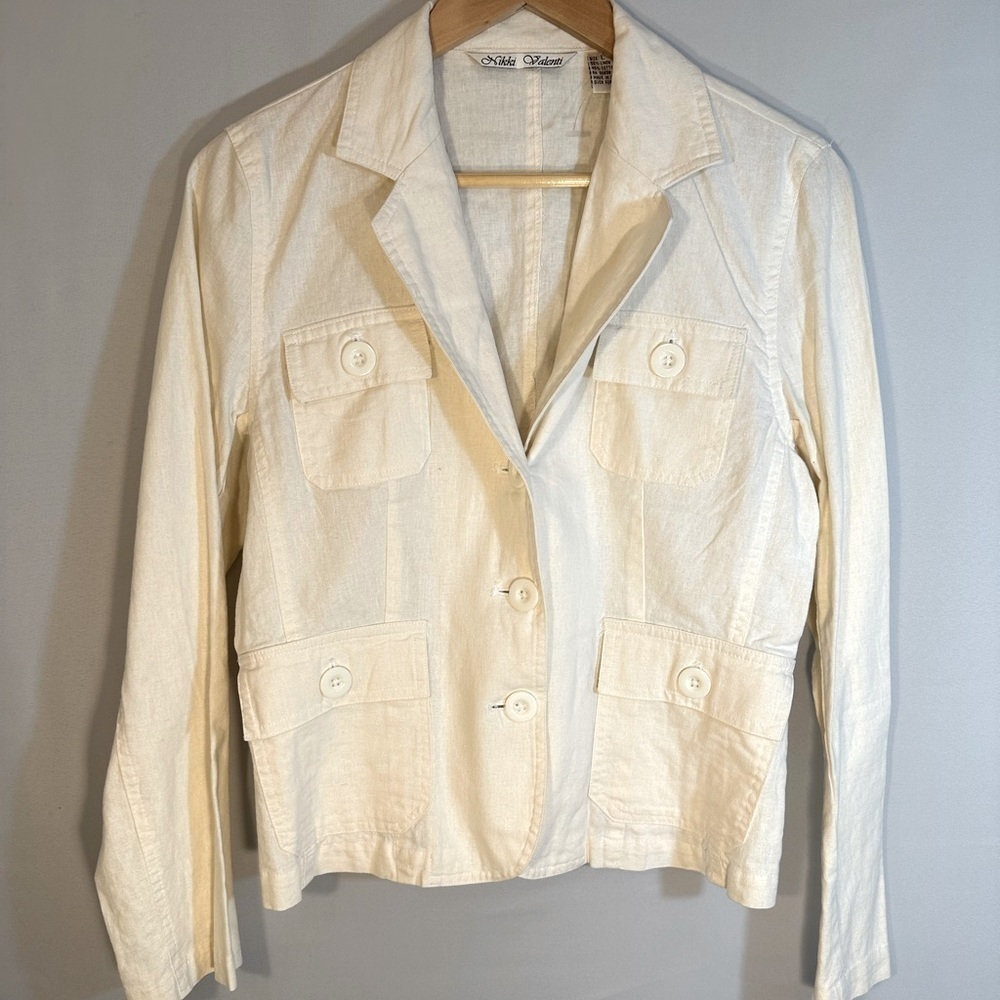 Nikki Valenti Womens Blazer Jacket Size L Linen Cotton Blend Pockets Buttons